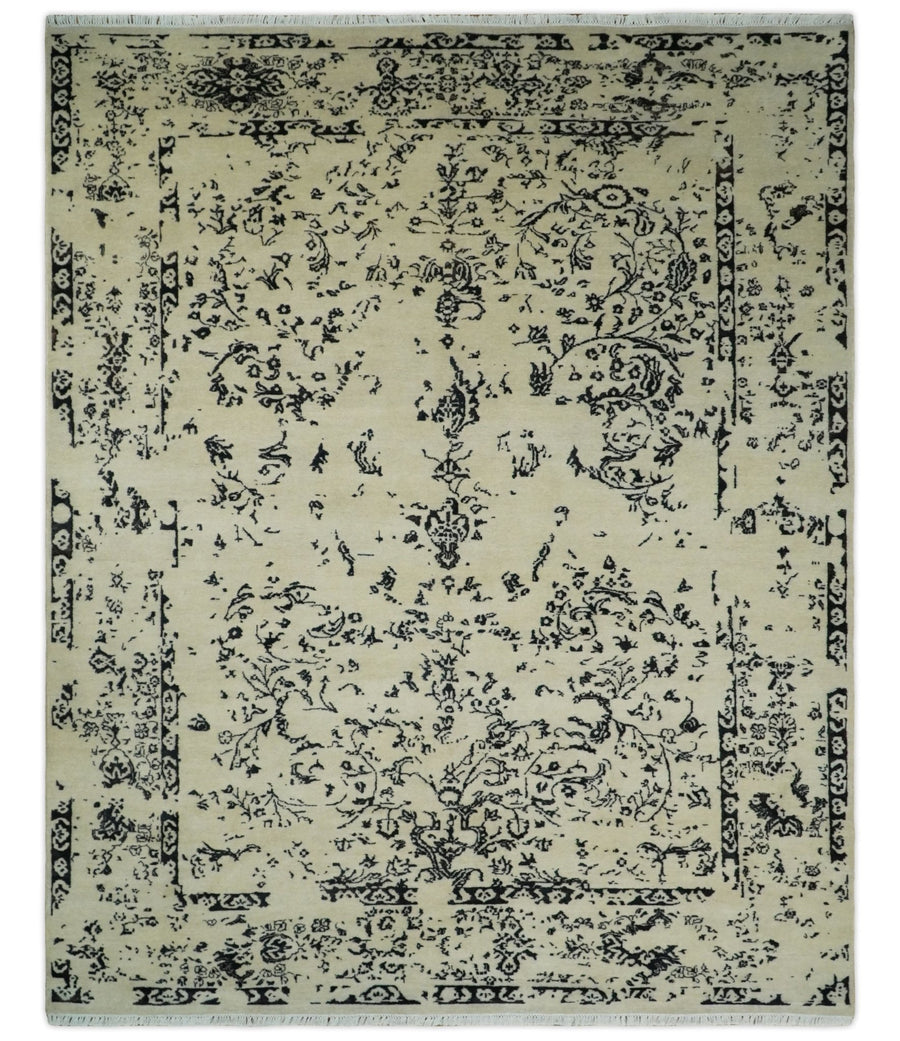 8x10 Fine Hand Knotted Beige and Black Traditional Vintage Persian Antique Wool Rug | AGR35 - The Rug Decor