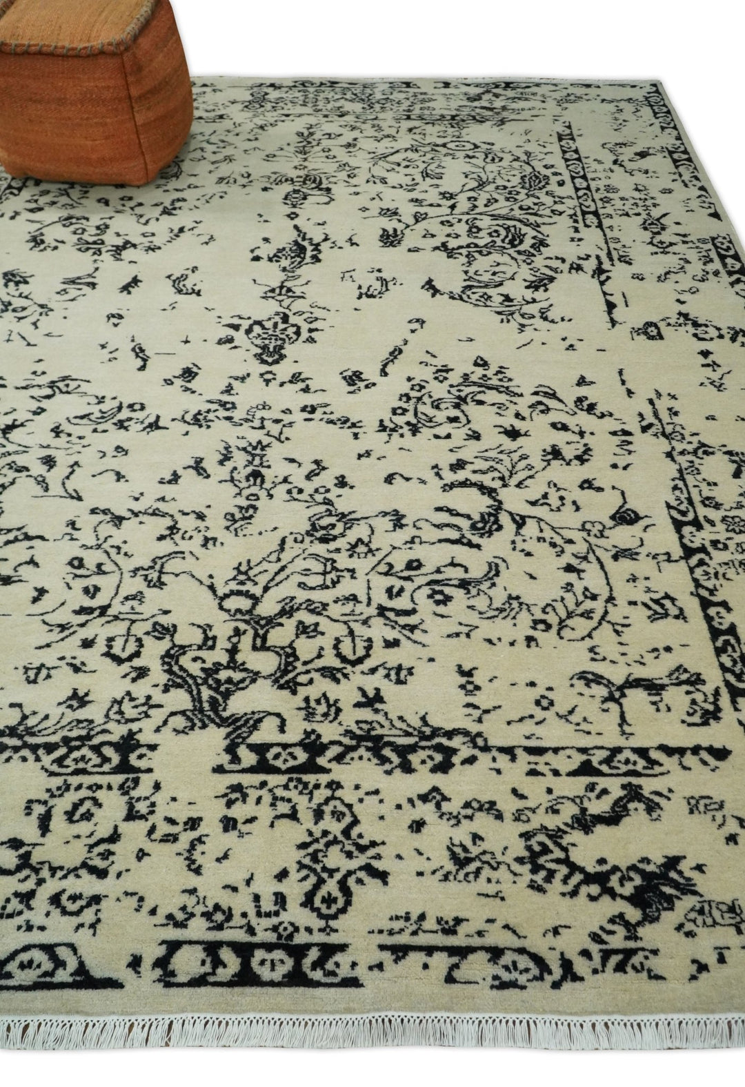 8x10 Fine Hand Knotted Beige and Black Traditional Vintage Persian Antique Wool Rug | AGR35 - The Rug Decor