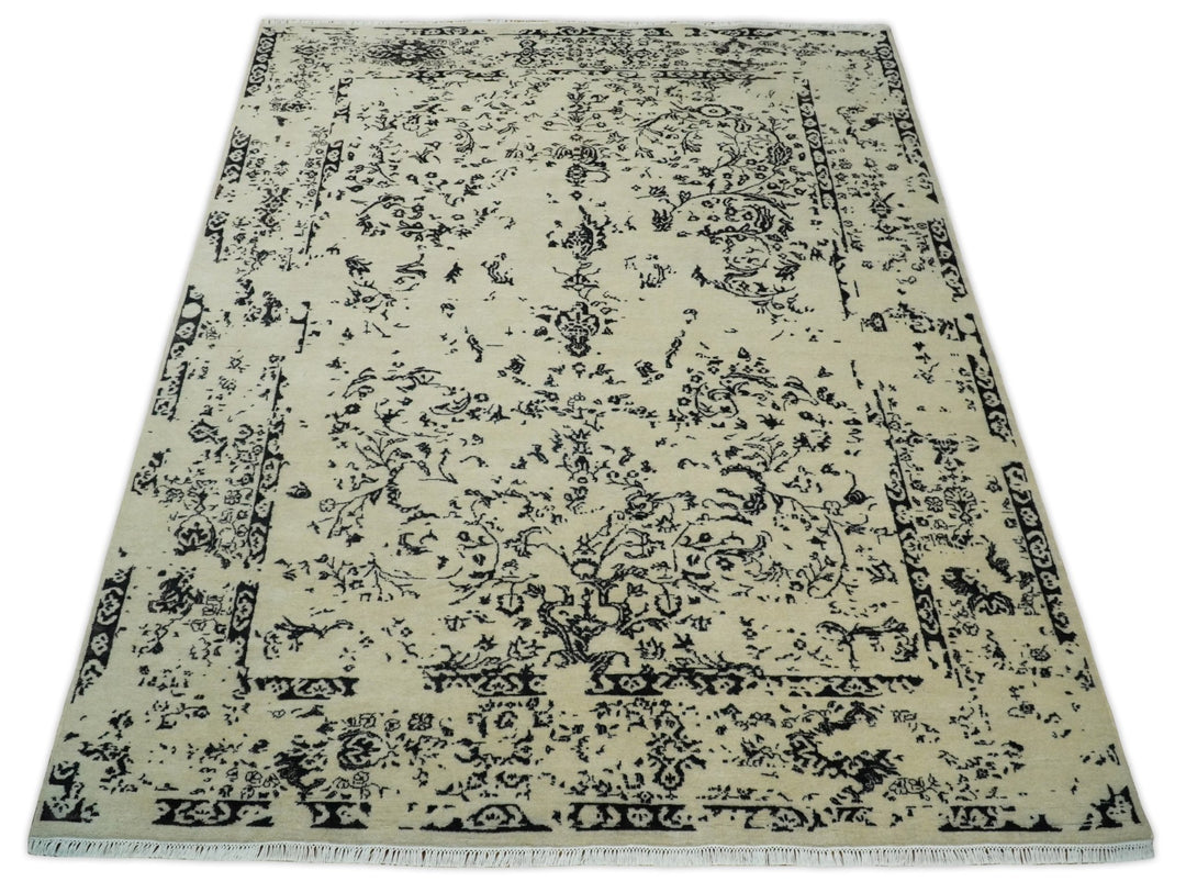 8x10 Fine Hand Knotted Beige and Black Traditional Vintage Persian Antique Wool Rug | AGR35 - The Rug Decor
