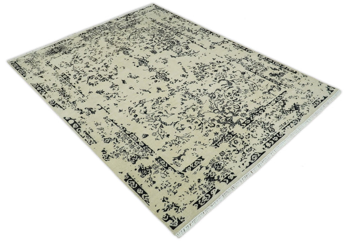 8x10 Fine Hand Knotted Beige and Black Traditional Vintage Persian Antique Wool Rug | AGR35 - The Rug Decor
