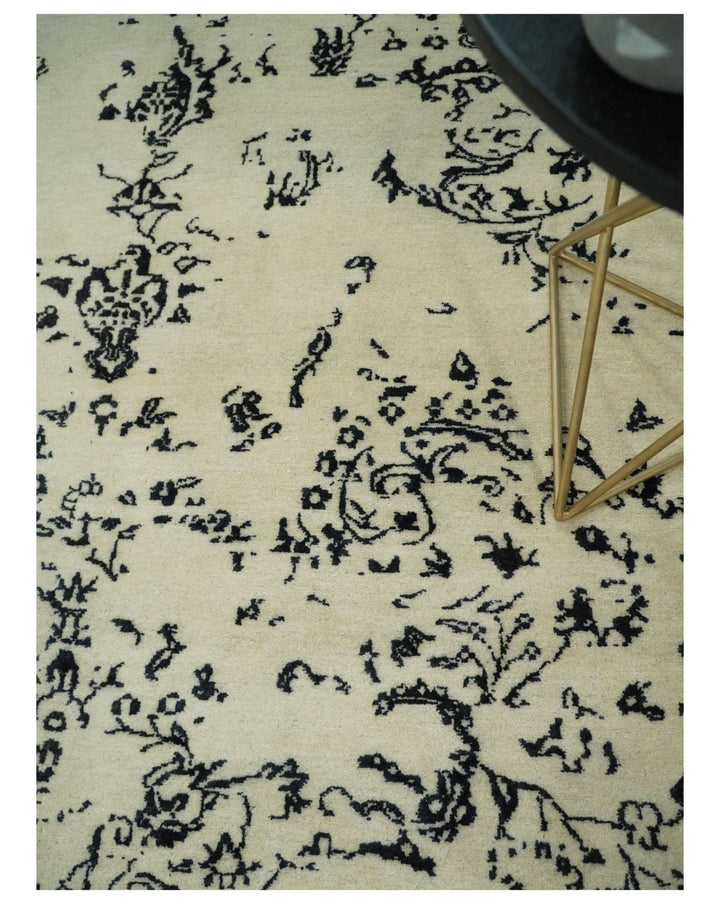 8x10 Fine Hand Knotted Beige and Black Traditional Vintage Persian Antique Wool Rug | AGR35 - The Rug Decor
