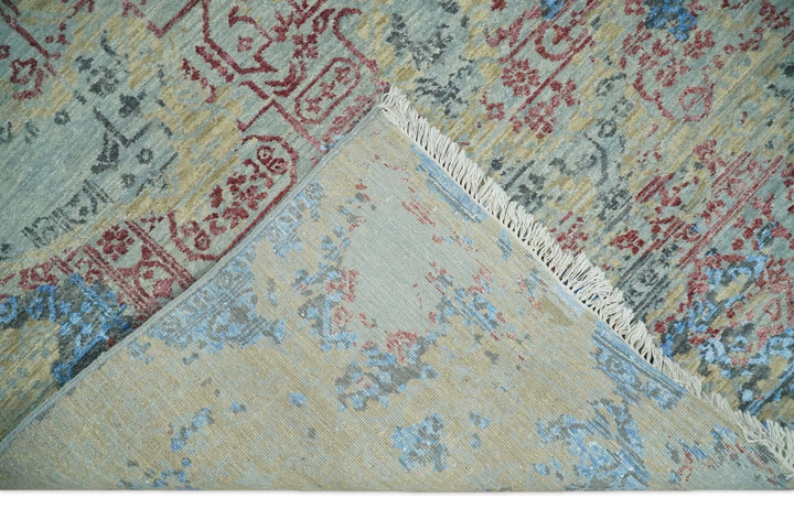 8x10 Fine Hand Knotted Beige and Blue Modern Abstract Style Antique Wool and Silk Area Rug | AGR37 - The Rug Decor