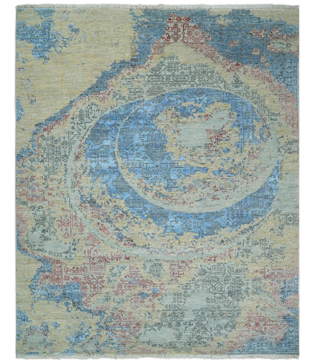 8x10 Fine Hand Knotted Beige and Blue Modern Abstract Style Antique Wool and Silk Area Rug | AGR37 - The Rug Decor