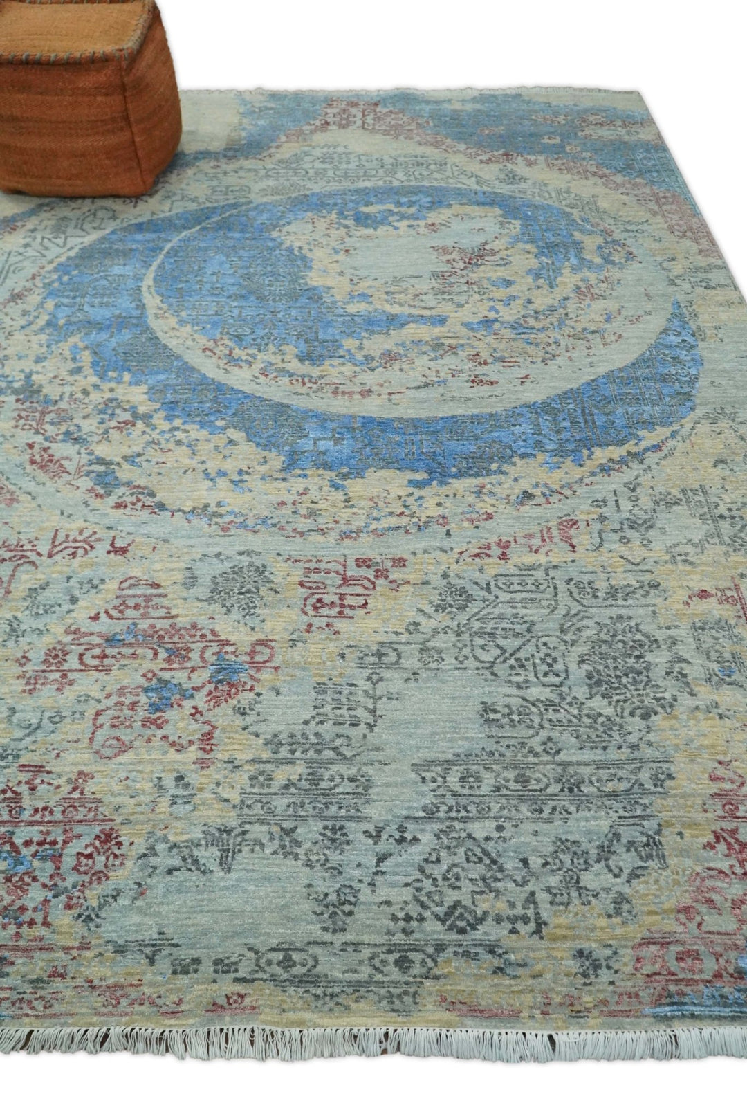8x10 Fine Hand Knotted Beige and Blue Modern Abstract Style Antique Wool and Silk Area Rug | AGR37 - The Rug Decor