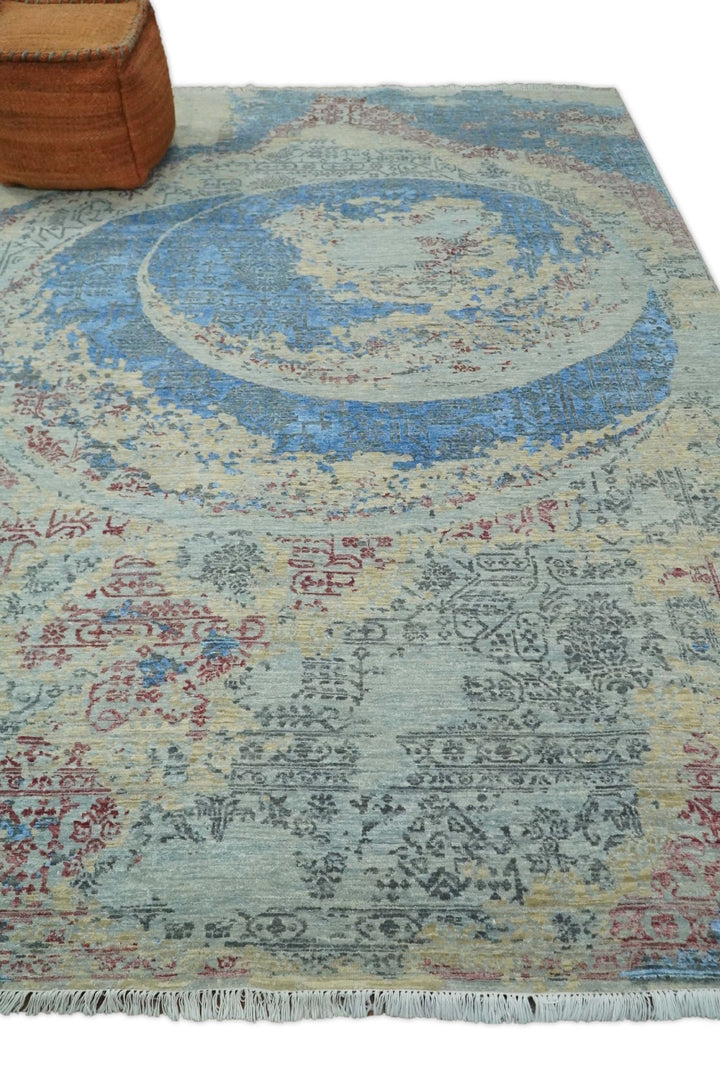 8x10 Fine Hand Knotted Beige and Blue Modern Abstract Style Antique Wool and Silk Area Rug | AGR37 - The Rug Decor