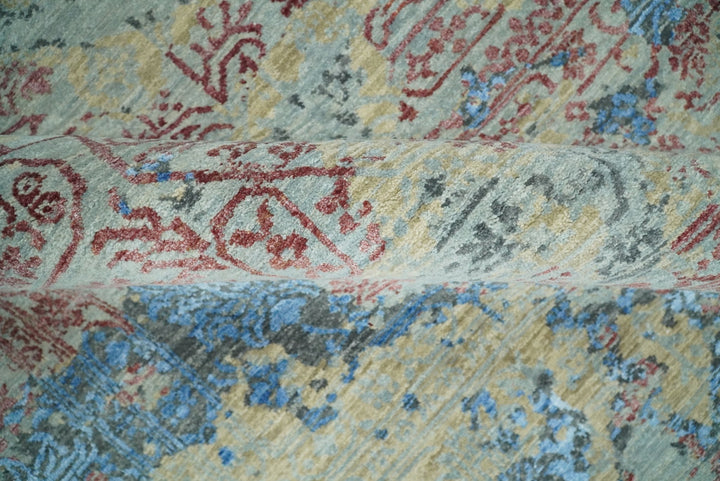 8x10 Fine Hand Knotted Beige and Blue Modern Abstract Style Antique Wool and Silk Area Rug | AGR37 - The Rug Decor