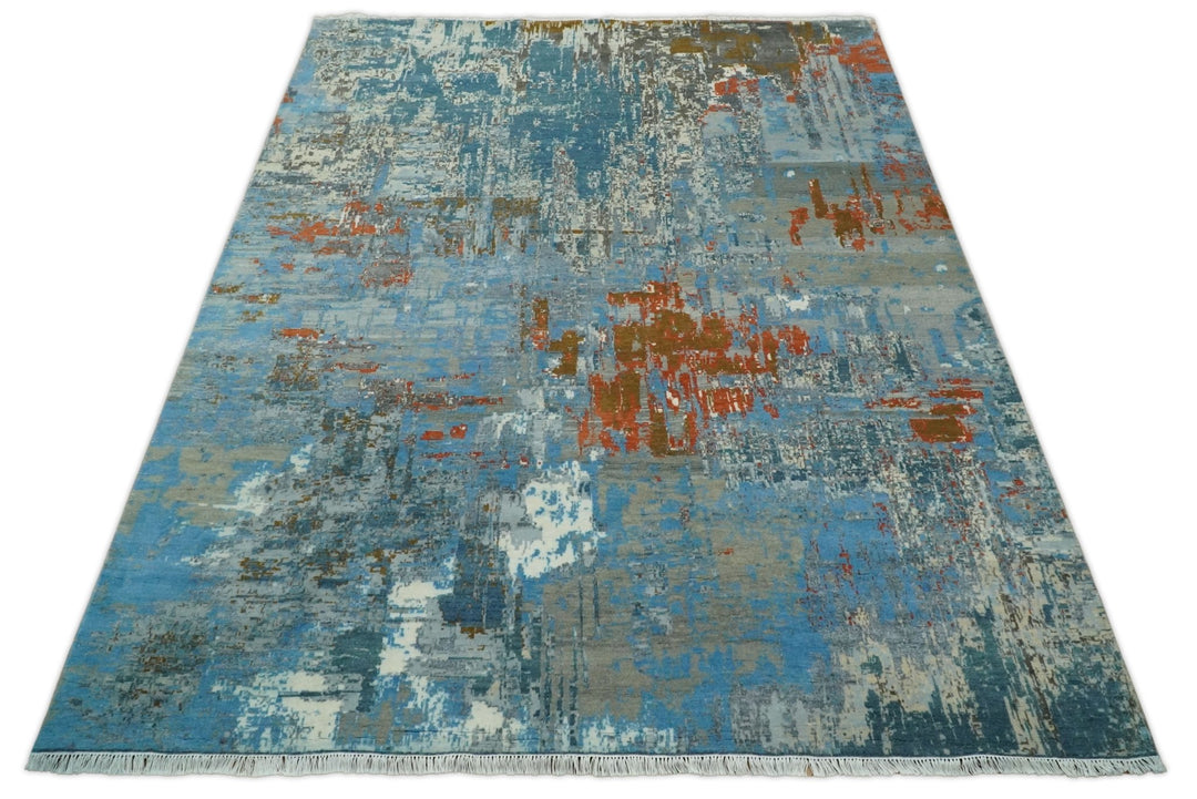 8x10 Fine Hand Knotted Beige and Blue Modern Abstract Style Antique Wool and Silk Area Rug | AGR43 - The Rug Decor