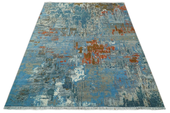 8x10 Fine Hand Knotted Beige and Blue Modern Abstract Style Antique Wool and Silk Area Rug | AGR43 - The Rug Decor