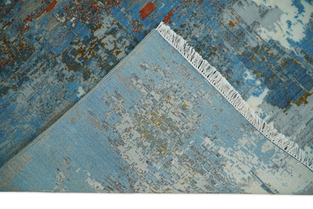 8x10 Fine Hand Knotted Beige and Blue Modern Abstract Style Antique Wool and Silk Area Rug | AGR43 - The Rug Decor