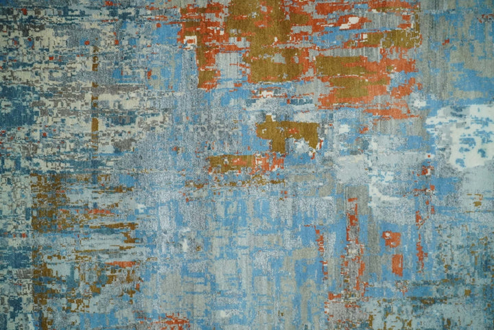 8x10 Fine Hand Knotted Beige and Blue Modern Abstract Style Antique Wool and Silk Area Rug | AGR43 - The Rug Decor