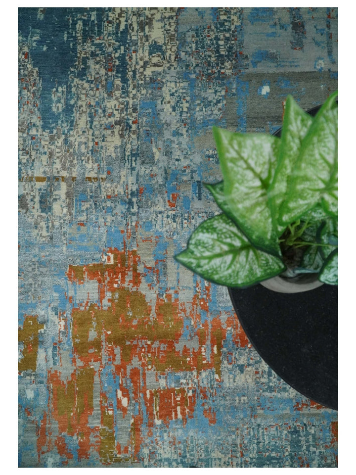 8x10 Fine Hand Knotted Beige and Blue Modern Abstract Style Antique Wool and Silk Area Rug | AGR43 - The Rug Decor