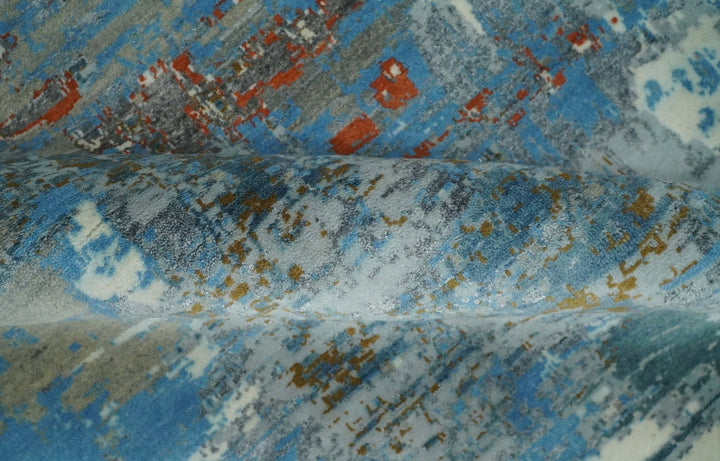 8x10 Fine Hand Knotted Beige and Blue Modern Abstract Style Antique Wool and Silk Area Rug | AGR43 - The Rug Decor