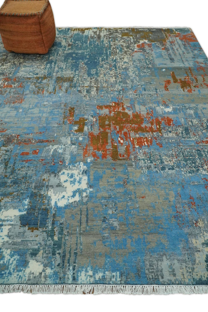 8x10 Fine Hand Knotted Beige and Blue Modern Abstract Style Antique Wool and Silk Area Rug | AGR43 - The Rug Decor