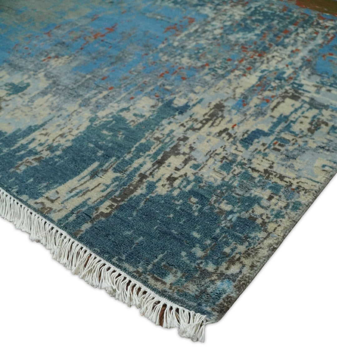 8x10 Fine Hand Knotted Beige and Blue Modern Abstract Style Antique Wool and Silk Area Rug | AGR43 - The Rug Decor