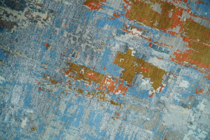 8x10 Fine Hand Knotted Beige and Blue Modern Abstract Style Antique Wool and Silk Area Rug | AGR43 - The Rug Decor