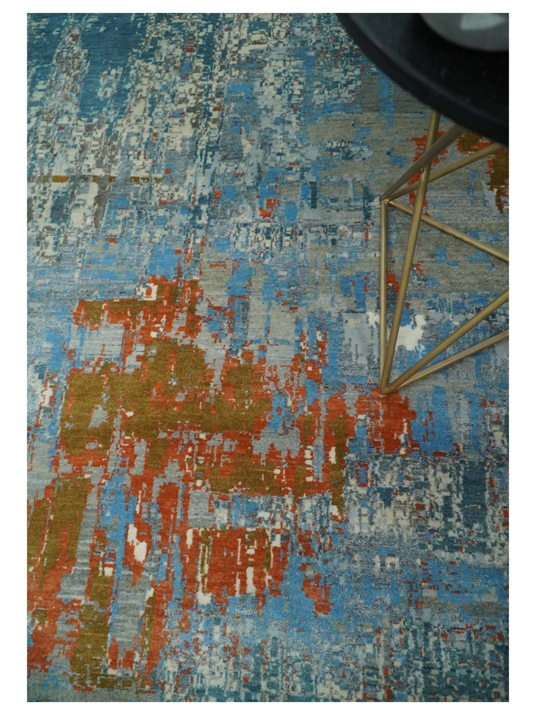 8x10 Fine Hand Knotted Beige and Blue Modern Abstract Style Antique Wool and Silk Area Rug | AGR43 - The Rug Decor