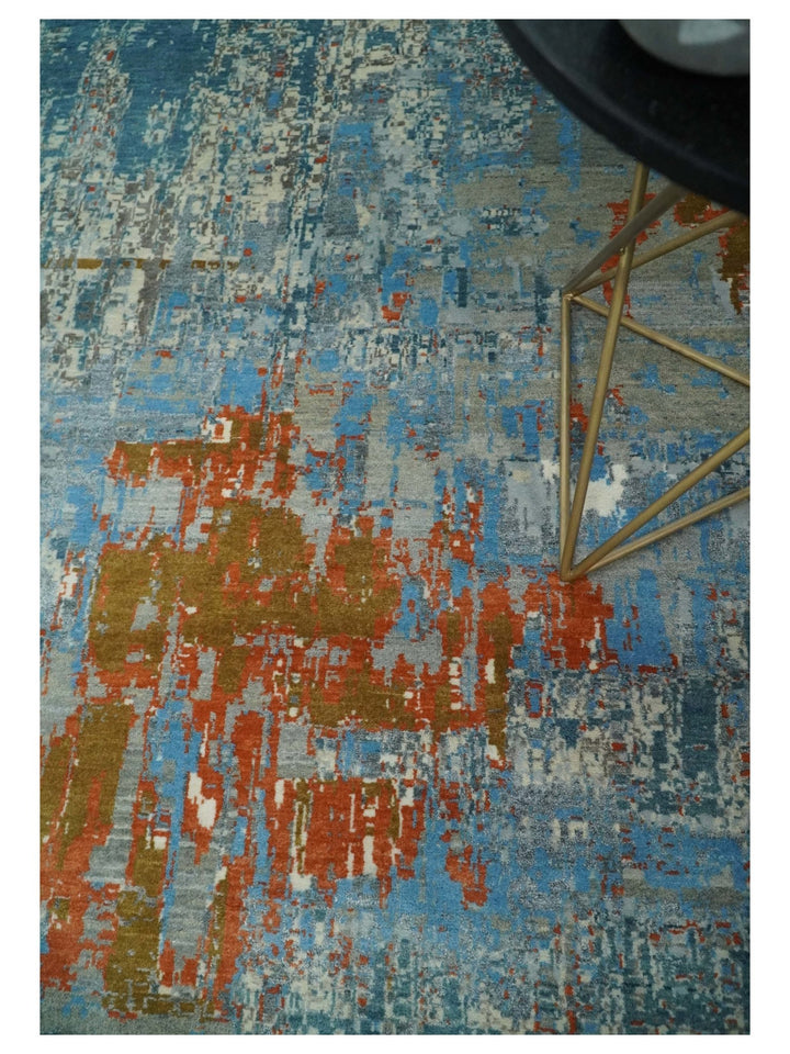 8x10 Fine Hand Knotted Beige and Blue Modern Abstract Style Antique Wool and Silk Area Rug | AGR43 - The Rug Decor