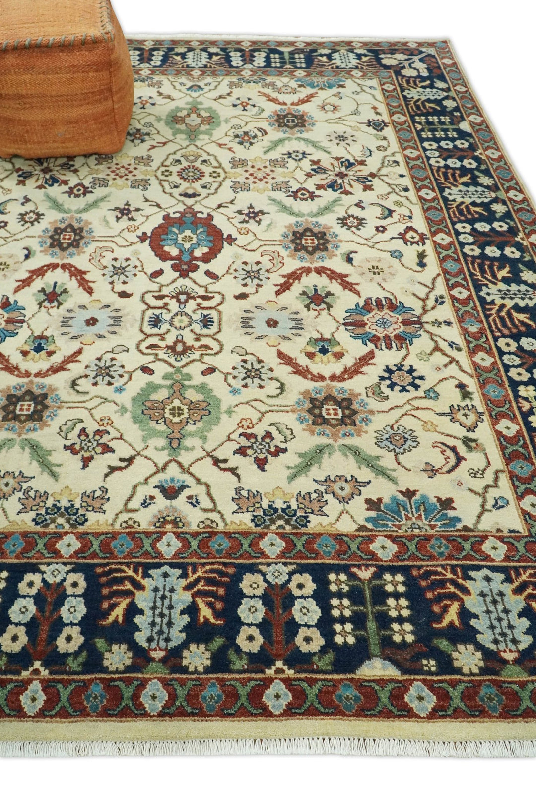 8x10 Fine Hand Knotted Beige and Blue Traditional Vintage Persian Style Oushak Antique Wool Rug | TRDCP514810 - The Rug Decor
