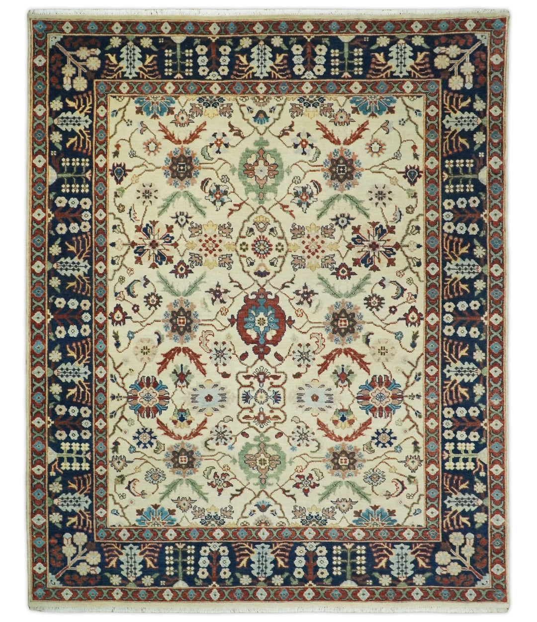 8x10 Fine Hand Knotted Beige and Blue Traditional Vintage Persian Style Oushak Antique Wool Rug | TRDCP514810 - The Rug Decor