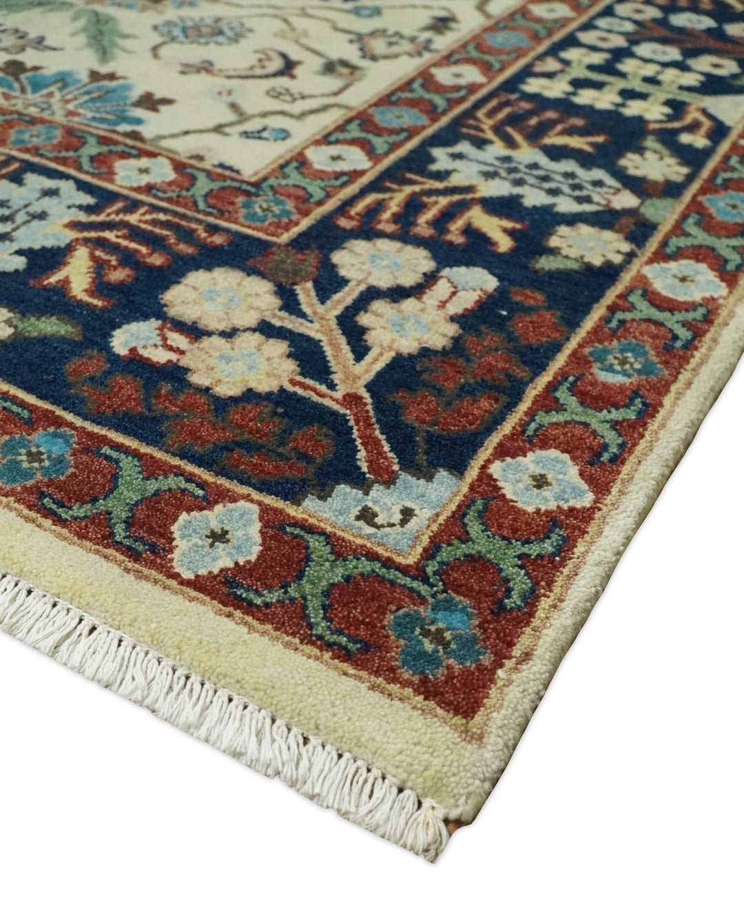 8x10 Fine Hand Knotted Beige and Blue Traditional Vintage Persian Style Oushak Antique Wool Rug | TRDCP514810 - The Rug Decor