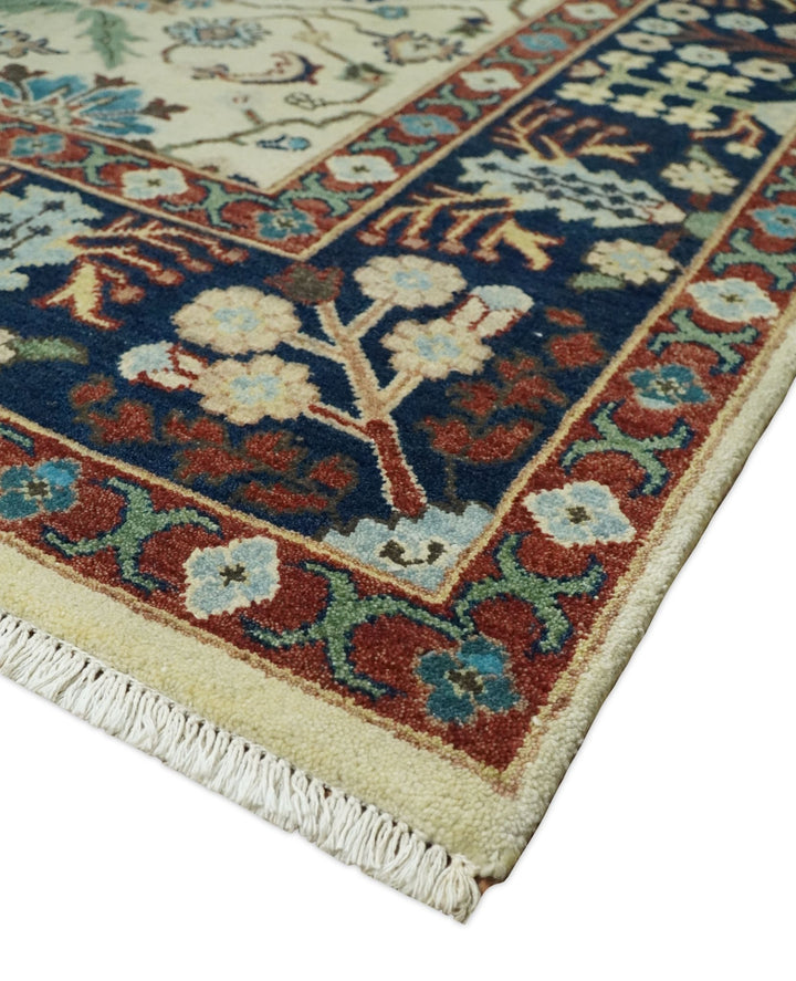 8x10 Fine Hand Knotted Beige and Blue Traditional Vintage Persian Style Oushak Antique Wool Rug | TRDCP514810 - The Rug Decor