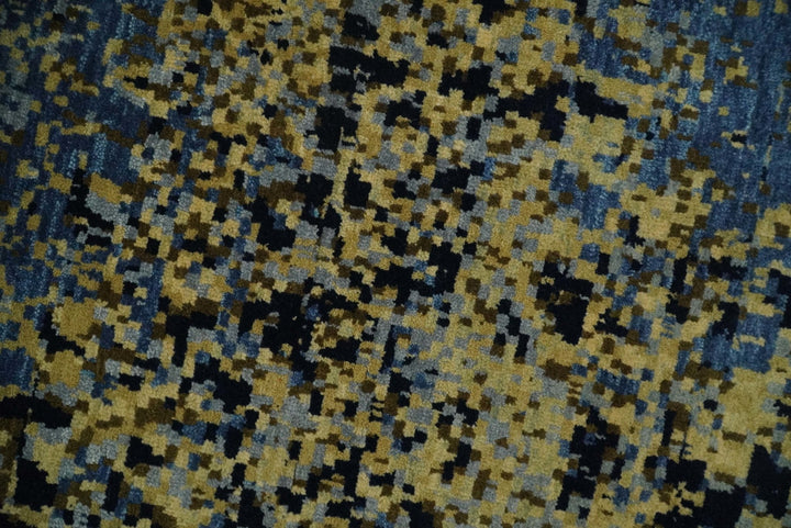 8x10 Fine Hand Knotted Beige, Black and Blue Modern Abstract Style Antique Wool and Silk Area Rug | TRDCP629810 - The Rug Decor