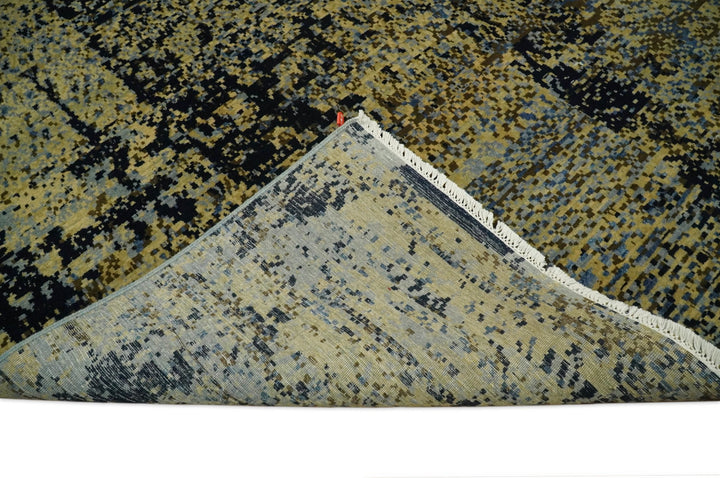 8x10 Fine Hand Knotted Beige, Black and Blue Modern Abstract Style Antique Wool and Silk Area Rug | TRDCP629810 - The Rug Decor