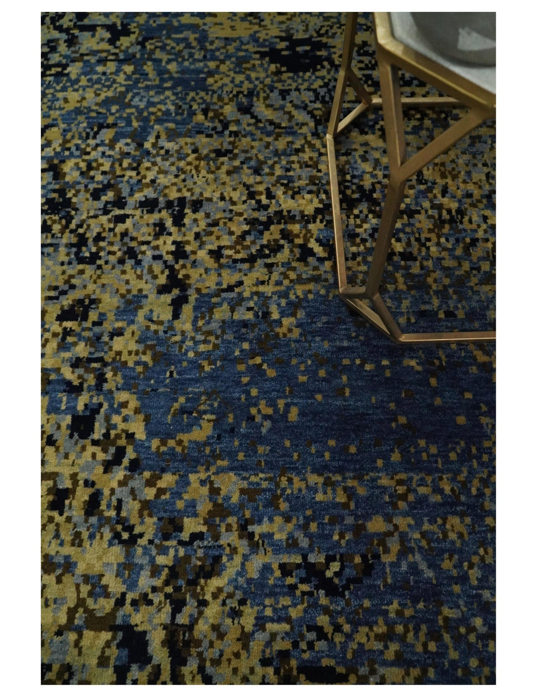 8x10 Fine Hand Knotted Beige, Black and Blue Modern Abstract Style Antique Wool and Silk Area Rug | TRDCP629810 - The Rug Decor