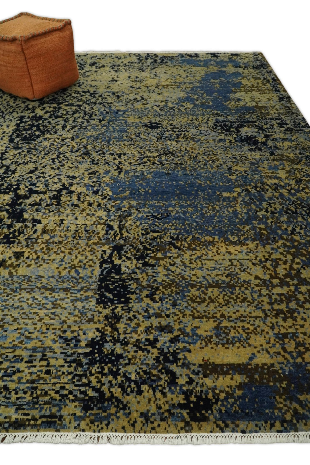 8x10 Fine Hand Knotted Beige, Black and Blue Modern Abstract Style Antique Wool and Silk Area Rug | TRDCP629810 - The Rug Decor