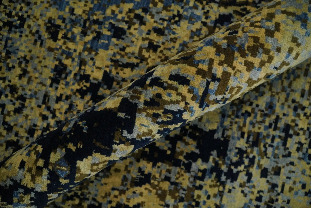 8x10 Fine Hand Knotted Beige, Black and Blue Modern Abstract Style Antique Wool and Silk Area Rug | TRDCP629810 - The Rug Decor