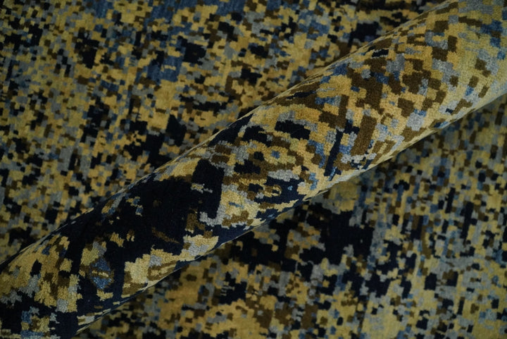 8x10 Fine Hand Knotted Beige, Black and Blue Modern Abstract Style Antique Wool and Silk Area Rug | TRDCP629810 - The Rug Decor