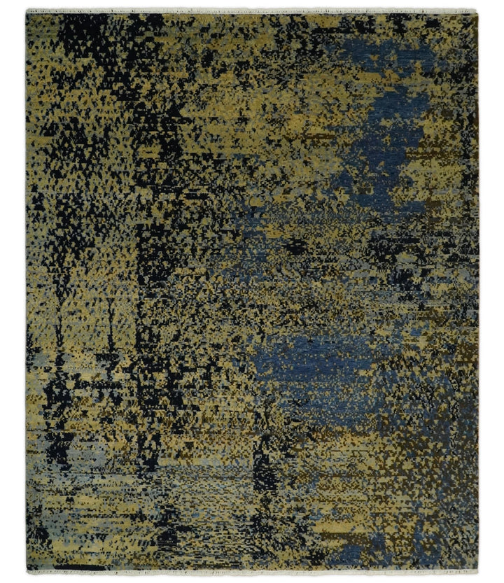 8x10 Fine Hand Knotted Beige, Black and Blue Modern Abstract Style Antique Wool and Silk Area Rug | TRDCP629810 - The Rug Decor