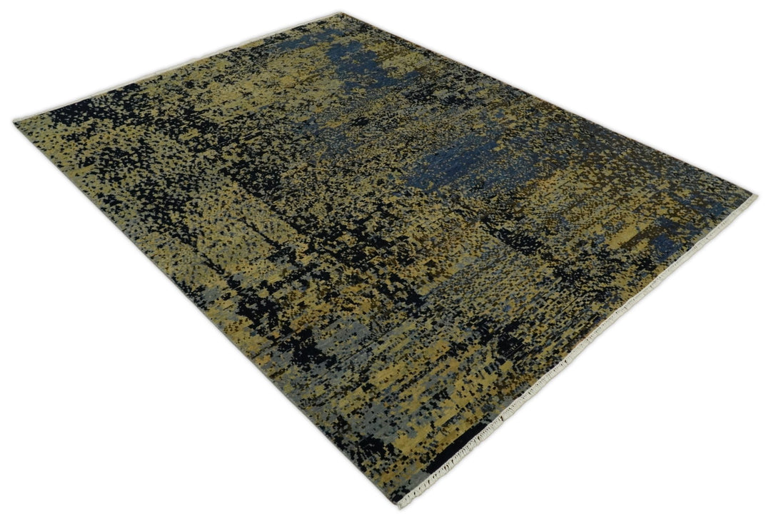8x10 Fine Hand Knotted Beige, Black and Blue Modern Abstract Style Antique Wool and Silk Area Rug | TRDCP629810 - The Rug Decor