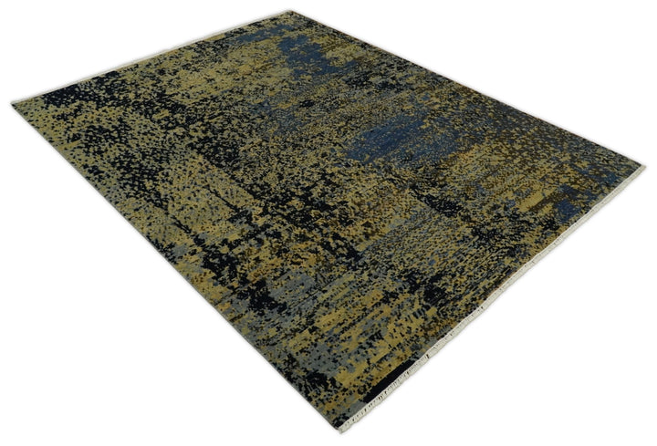 8x10 Fine Hand Knotted Beige, Black and Blue Modern Abstract Style Antique Wool and Silk Area Rug | TRDCP629810 - The Rug Decor