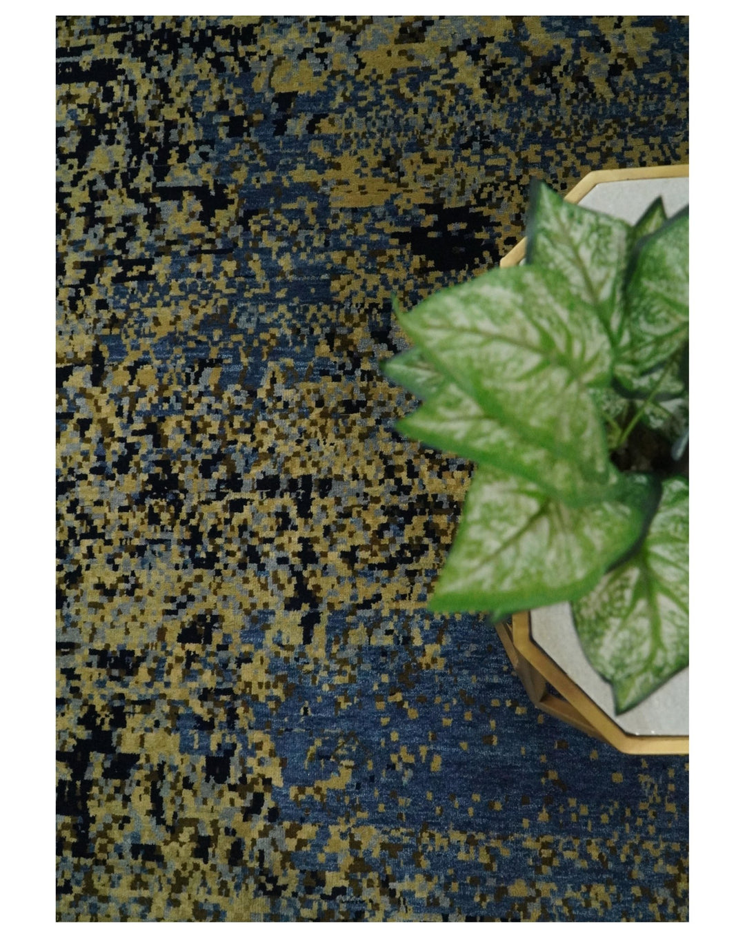 8x10 Fine Hand Knotted Beige, Black and Blue Modern Abstract Style Antique Wool and Silk Area Rug | TRDCP629810 - The Rug Decor