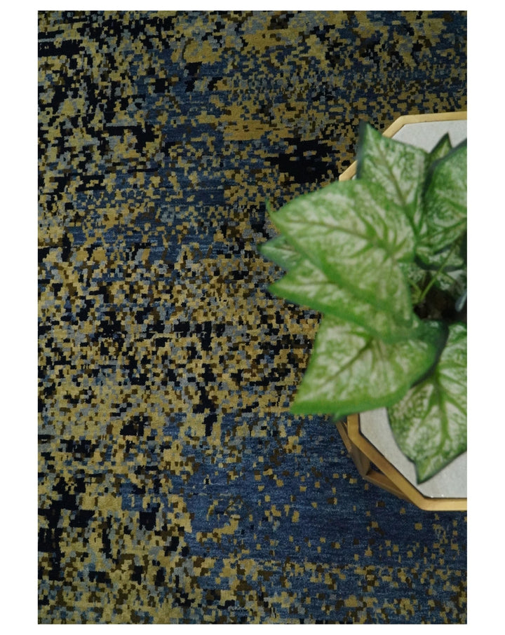 8x10 Fine Hand Knotted Beige, Black and Blue Modern Abstract Style Antique Wool and Silk Area Rug | TRDCP629810 - The Rug Decor