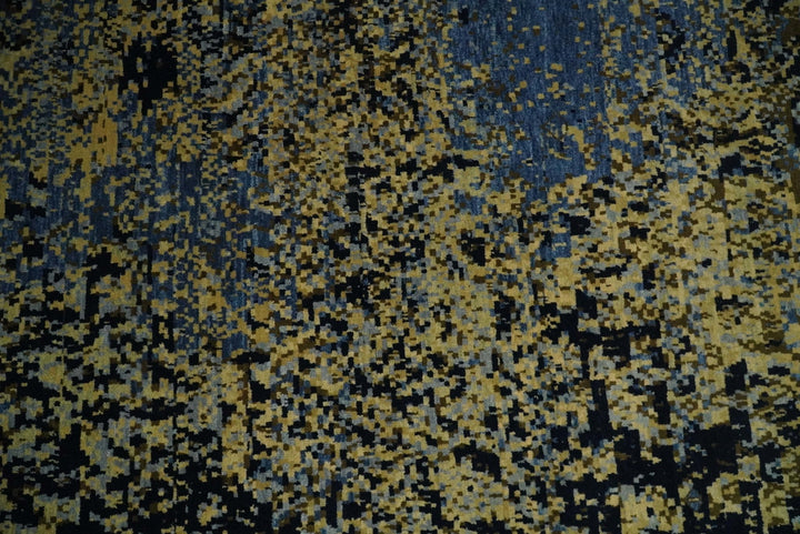 8x10 Fine Hand Knotted Beige, Black and Blue Modern Abstract Style Antique Wool and Silk Area Rug | TRDCP629810 - The Rug Decor