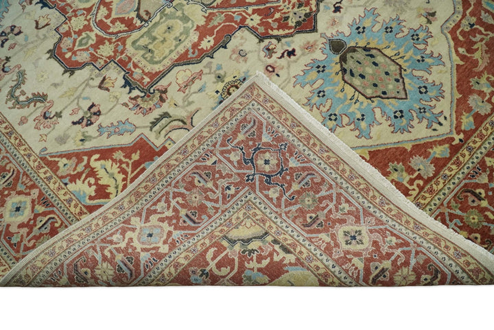 8x10 Fine Hand Knotted Beige, Blue and Rust Traditional Vintage Heriz Serapi Antique Wool Rug | TRDCP466810 - The Rug Decor