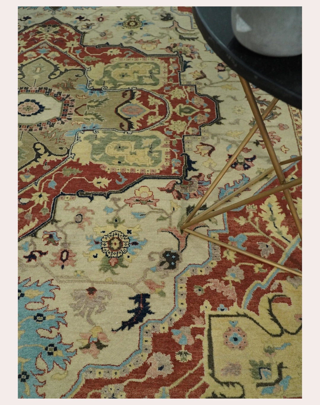 8x10 Fine Hand Knotted Beige, Blue and Rust Traditional Vintage Heriz Serapi Antique Wool Rug | TRDCP466810 - The Rug Decor