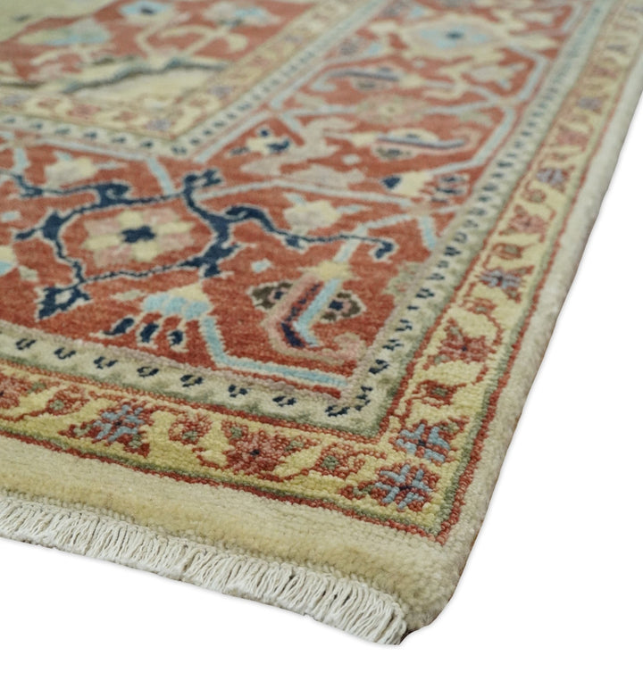 8x10 Fine Hand Knotted Beige, Blue and Rust Traditional Vintage Heriz Serapi Antique Wool Rug | TRDCP466810 - The Rug Decor