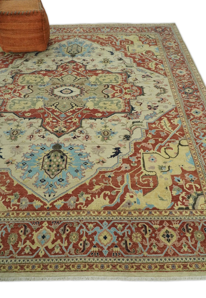8x10 Fine Hand Knotted Beige, Blue and Rust Traditional Vintage Heriz Serapi Antique Wool Rug | TRDCP466810 - The Rug Decor