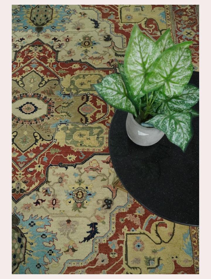 8x10 Fine Hand Knotted Beige, Blue and Rust Traditional Vintage Heriz Serapi Antique Wool Rug | TRDCP466810 - The Rug Decor