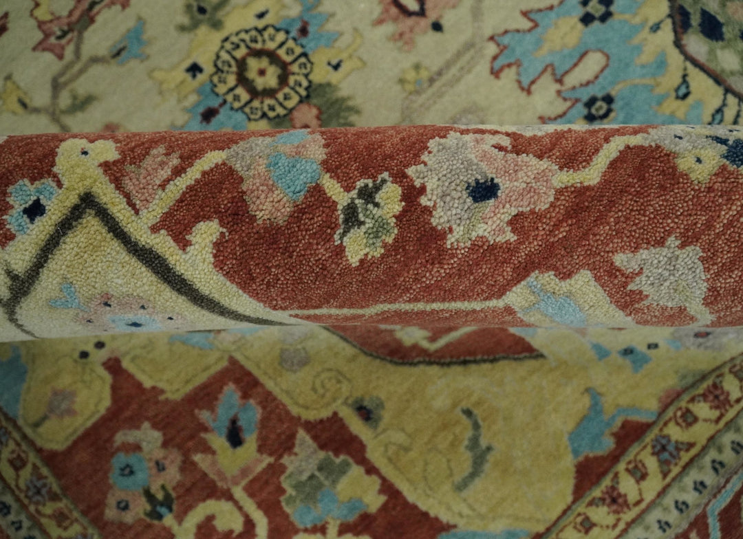 8x10 Fine Hand Knotted Beige, Blue and Rust Traditional Vintage Heriz Serapi Antique Wool Rug | TRDCP466810 - The Rug Decor