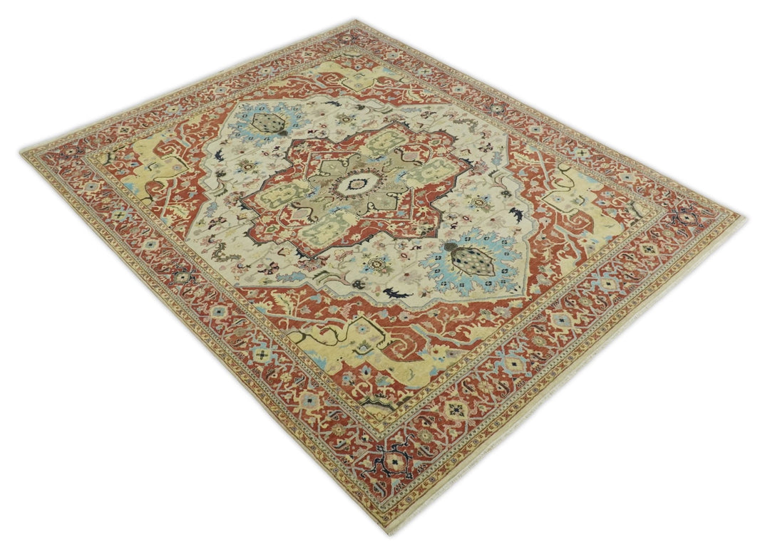 8x10 Fine Hand Knotted Beige, Blue and Rust Traditional Vintage Heriz Serapi Antique Wool Rug | TRDCP466810 - The Rug Decor