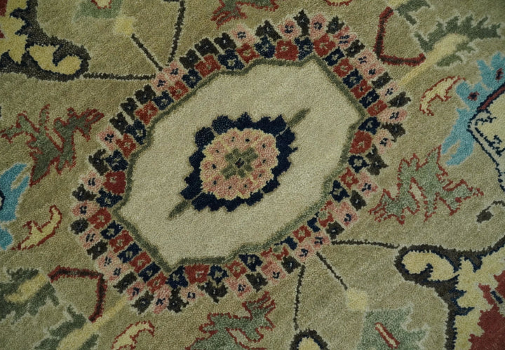 8x10 Fine Hand Knotted Beige, Blue and Rust Traditional Vintage Heriz Serapi Antique Wool Rug | TRDCP466810 - The Rug Decor