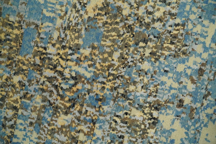 8x10 Fine Hand Knotted Blue and Brown Modern Abstract Style Antique Wool and Silk Area Rug | TRDCP627810 - The Rug Decor