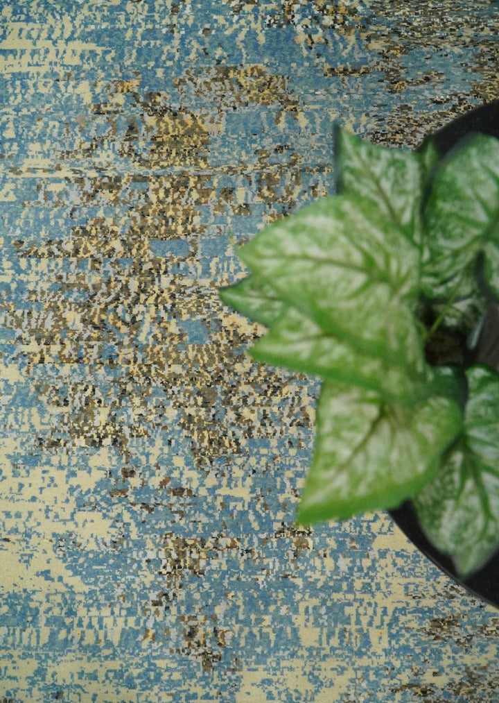 8x10 Fine Hand Knotted Blue and Brown Modern Abstract Style Antique Wool and Silk Area Rug | TRDCP627810 - The Rug Decor