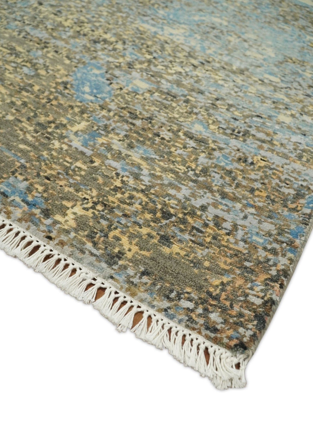 8x10 Fine Hand Knotted Blue and Brown Modern Abstract Style Antique Wool and Silk Area Rug | TRDCP627810 - The Rug Decor
