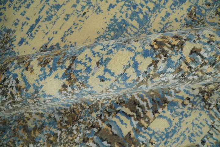 8x10 Fine Hand Knotted Blue and Brown Modern Abstract Style Antique Wool and Silk Area Rug | TRDCP627810 - The Rug Decor