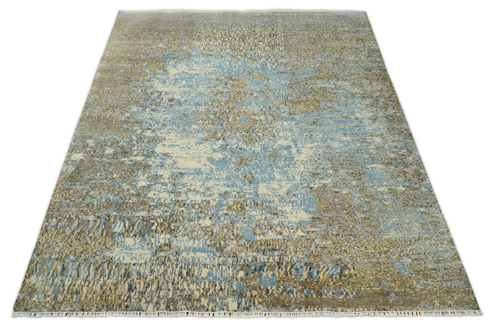 8x10 Fine Hand Knotted Blue and Brown Modern Abstract Style Antique Wool and Silk Area Rug | TRDCP627810 - The Rug Decor